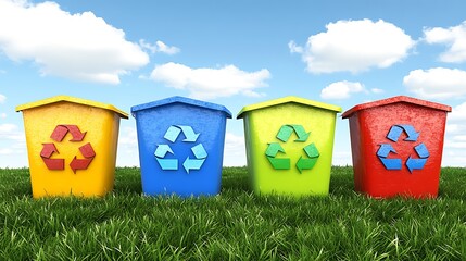 Colorful recycling bins on a grassy field against a partly cloudy sky.