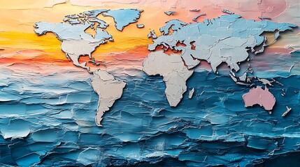 World map artwork with textured, painterly ocean and landforms.