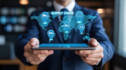 Optimizing Global Supply Chains: A business professional holding a tablet displaying a world map with connected logistics pins, illustrating efficient distribution and international trade.