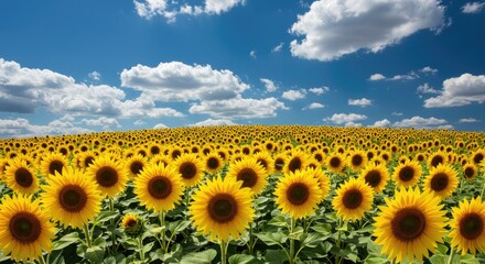 A vast expanse of sunflowers under a vibrant summer sky.