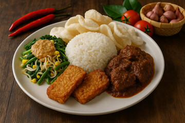 traditional Indonesian meal. The dish features fluffy white rice surrounded by vibrant sides including beef rendang in rich, spicy sauce, crispy fried tempeh, fresh gado-gado vegetables with peanut sa