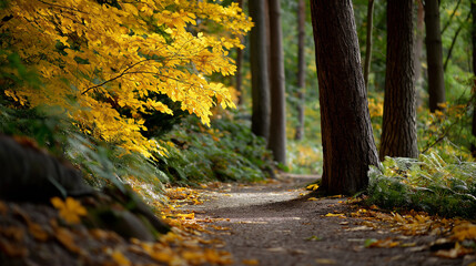 A serene forest path lined with golden leaves in soft light