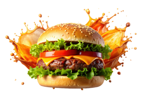 Juicy fast food burger splash effect PNG 