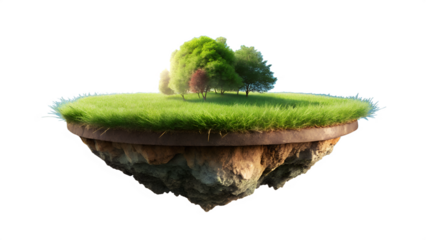 Floating Island with Green Grass and Trees on transparent background on white background