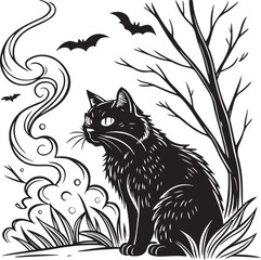 Mystical Black Cat in Witchy Forest under Moonlight – Gothic Halloween Vector Illustration