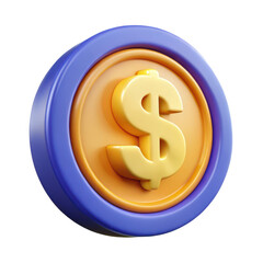 3d golden dollar coin with purple edge isolated on transparent background