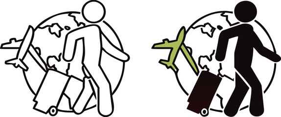 Traveling icons. Black and White Vector Icons. Tourist with Suitcase, Globe, and Flying Airplane
