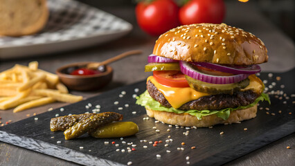 Delicious cheeseburger with fresh toppings and side of fries for a tasty restaurant meal