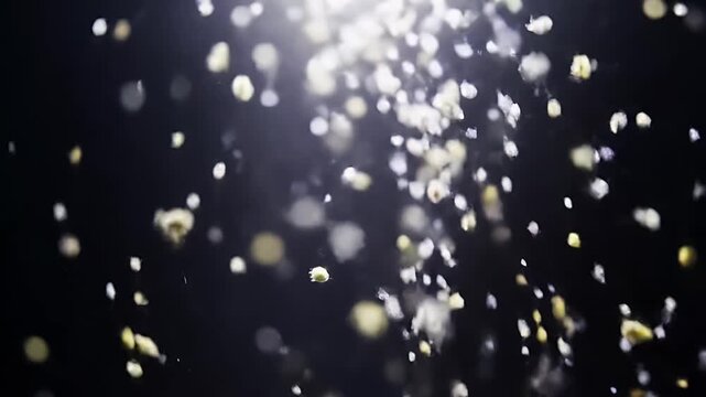 Abstract Video of Falling Popcorn Against a Dark Background with Light