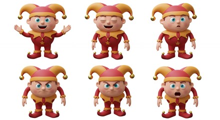 Animated jester characters with various expressions