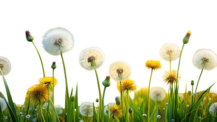 Dandelion Seed Heads and Yellow Flowers in a Field on transparent background on white background