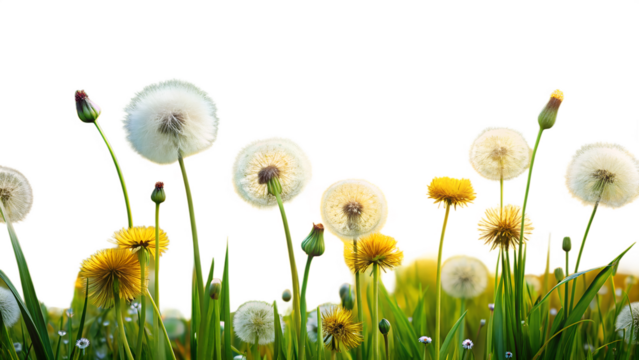 Dandelion Seed Heads and Yellow Flowers in a Field on transparent background on white background