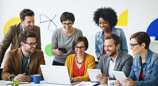 Happy creative team collaborating with digital devices in colorful modern office environment.