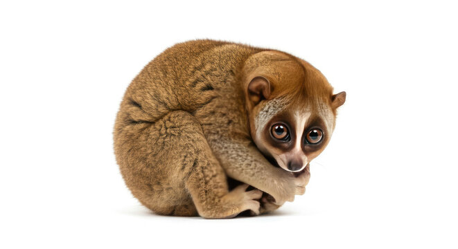 Adorable Slow Loris Curled Up on White Background.