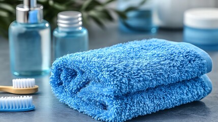 Rolled-up blue towels on a gray surface with toiletries.
