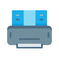 Stylized blue printer icon against a black background