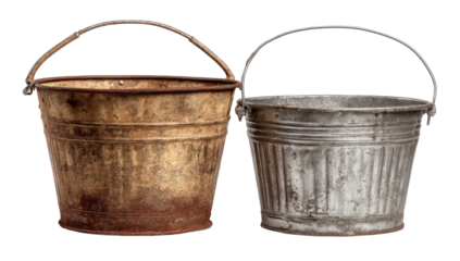 Two vintage metal buckets, one rusted, one gray