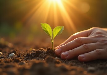 Fototapeta premium Seedling Growth with Hand in Sunlight