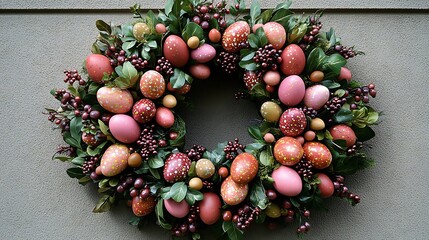 Decorative easter wreath adorned with colorful eggs and greenery.