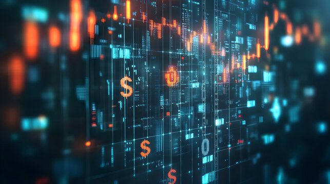 Abstract digital financial chart with dollar signs and data grid background