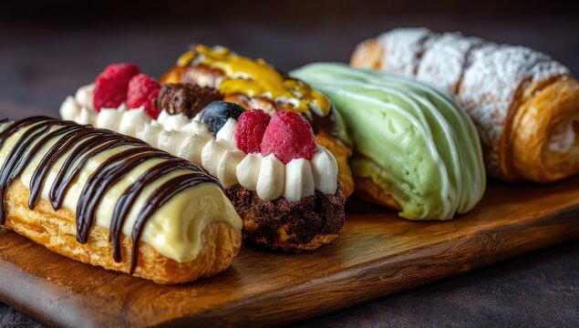 Assorted pastries on board, presented on dark counter background for dessert menu - Powered by Adobe