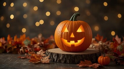 Fototapeta premium Halloween Jack O Lantern on Wooden Stand with Autumn Leaves and Warm Bokeh Lights in the Background