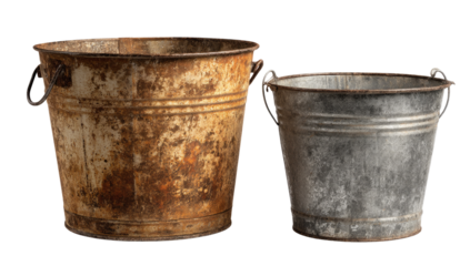Two rustic metal buckets, one rusty orange-brown, the other gray-silver, sit side-by-side.  Both have handles and appear aged