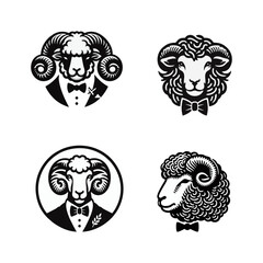 Obraz premium Four black and white illustrations of sheep and rams wearing bow ties, some with formal wear, in circular or portrait compositions.