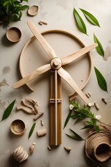 Sustainable Crafts: Wooden Windmill, Natural Fibers, and Greenery in Minimalist Flatlay