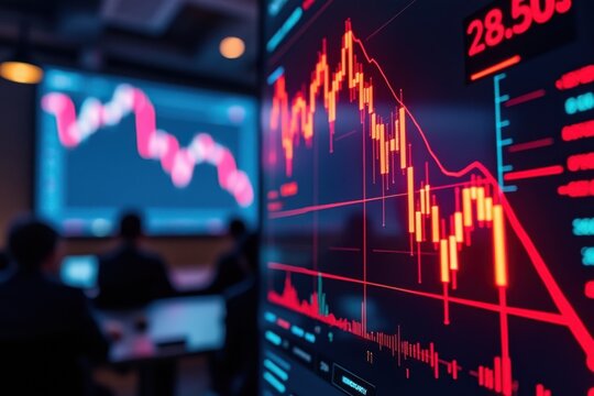 Analyzing Financial Market Downturns: A digital screen displaying a prominent red line graph showing a steep decline, illustrating market volatility and investment risks - Powered by Adobe