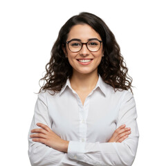 Smiling young professional woman with curly hair wearing glasses and a white button up shirt arms crossed isolated on transparent background