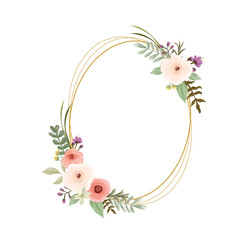 Elegant Gold Frame with Watercolor Rose Flowers &ndash; Luxury Floral Border Design