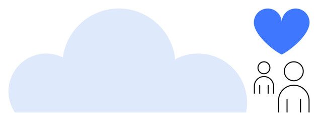 Large blue cloud alongside two minimal human figures and a heart, symbolizing connection, care, and innovation. Ideal for cloud storage, community support, user networks, team collaboration, social