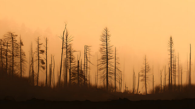 Silhouette of Burnt Trees in Smoky Brown Landscape
