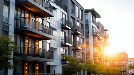 Modern apartment building with balconies in urban sunlight