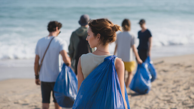 Group of people beach cleanup plastic bag volunteer environmental teamwork ocean sand sunny positive mood - Powered by Adobe