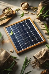 Sustainable Solar Panel: Eco-Friendly Energy, Natural Bamboo Frame, Serene Studio Shot.