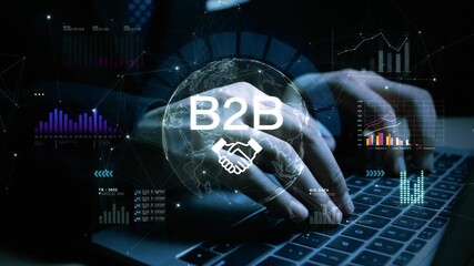 Hands typing on keyboard with B2B concept overlay, featuring global data charts and analytics for digital corporate business solutions. - Powered by Adobe