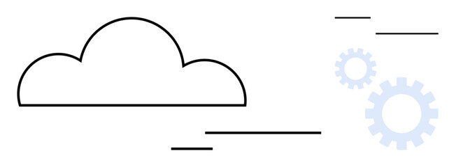 Cloud outlined with minimal lines and floating gears, suggesting collaboration, digital transformation, and automation. Ideal for technology, IT services, process management, innovation, cloud