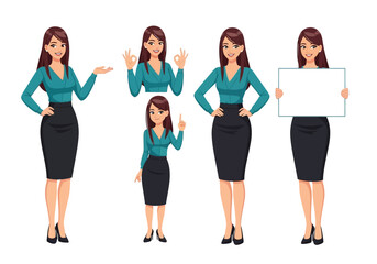Businesswoman in teal blouse and black skirt in various poses female office Vector illustration of