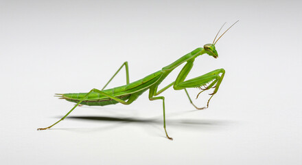 This realistic macro captures a praying mantis walking cautiously across a flat surface, ideal for studying its anatomy and natural motion.