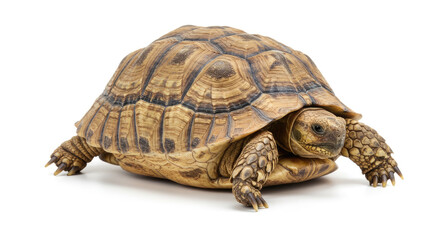 African Spurred Tortoise Isolated on White Background Closeup View.
