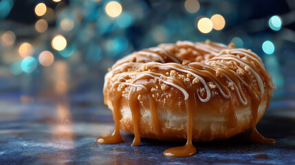 Fluffy donut with caramel drips in soft light
