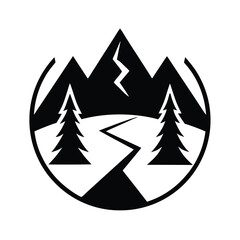 Obraz premium Mountain summit icon with hiking trail and pine trees for nature adventure vector 