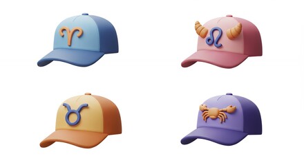 Four baseball caps with zodiac signs