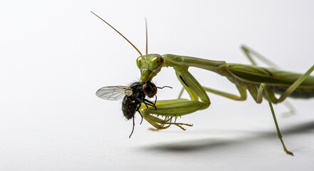 Capturing a rare moment — a praying mantis eating prey, showcasing the raw predator instincts of this elegant insect.