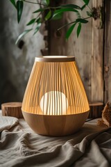 Warm-lit Wooden Table Lamp, Modern Minimalist Design, Serene Ambient Lighting, Rustic Background.