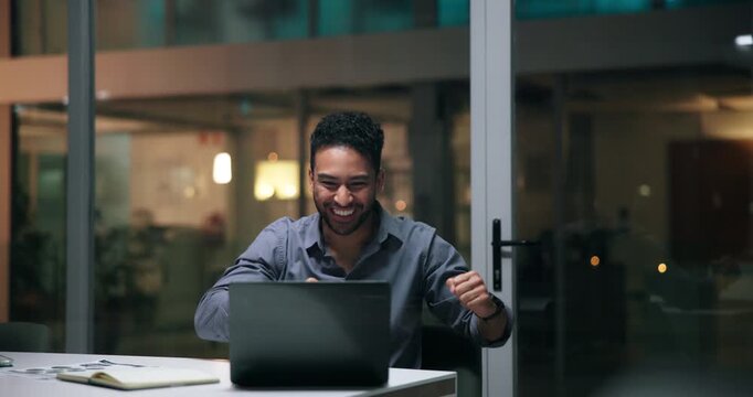 Laptop, surprise and celebration with business man for success, financial profit or excited at night. Late, win and worker with computer for goal with investment, fist pump and throw paper in office