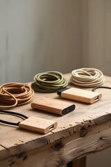 Wooden power banks and cords on rustic table: minimalist, sustainable, eco-friendly product photography.