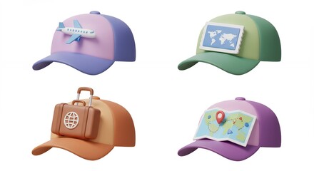 Four colorful baseball caps with travel designs